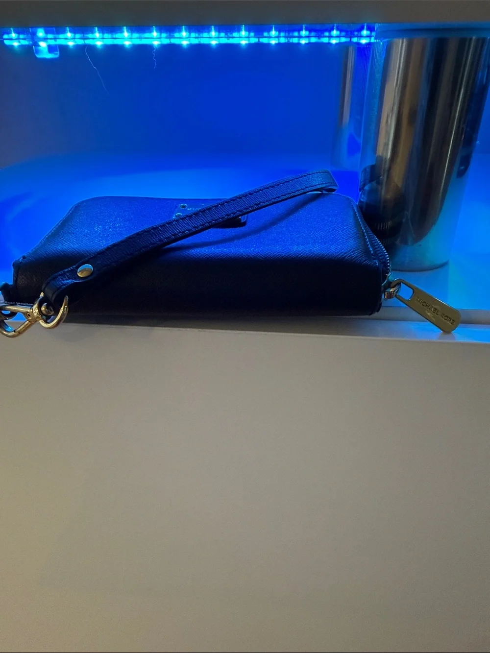 Michael Kors Black Saffiano Leather Zip Wristlet with Gold Plaque